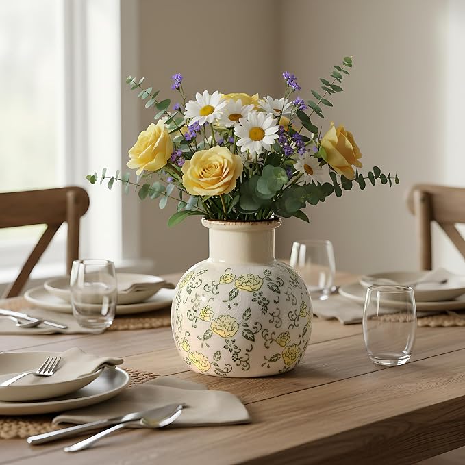 SIDUCAL Ceramic Vintage Vase, 5.91 Inch Retro Ice Cracked Chinoiserie Floral Vase, Rustic Farmhouse Vases for Home Decor, Bookshelf, Garden, Chinoiserie Decor, Tuscan Decor, Yellow Rose Pattern