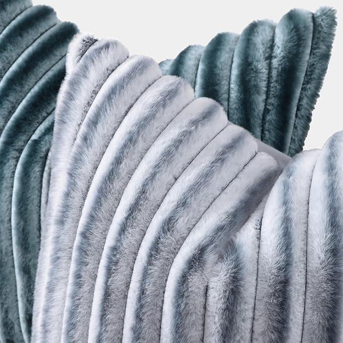 decorUhome Fall Faux Fur Throw Pillow Covers 12x20 Set of 2 Grey White | Decorative Soft Cozy Striped Plush Modern Farmhouse Boho Couch Pillow Cases Velvet Back for Sofa Bed Living Room Home Decor