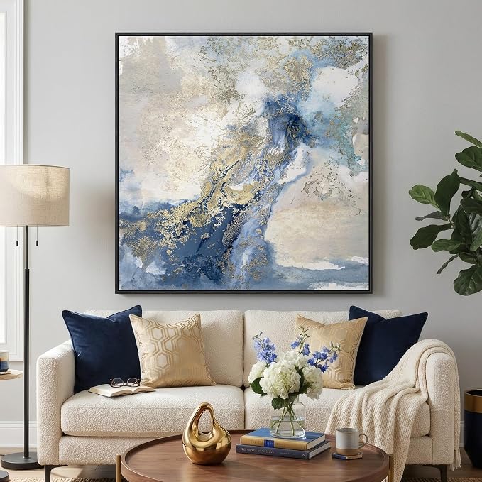 Extra Large Framed Blue Abstract Wall Art for Living Room, Oversized Square Modern Canvas Prints Paintings for Walls, Minimalist Blue White Gold Pictures for Dining Bedroom Hallway Wall Decor 40x40 In