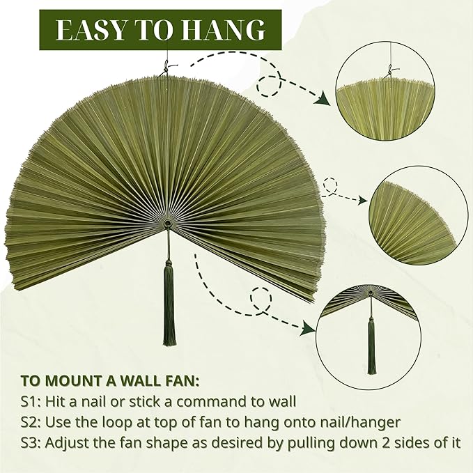 ChumDecor Bamboo Fan Wall Decor, Japanese Wall Fan Art, Army Green 60 in | Large Bamboo Fan Wall Art For Boho Hanging Headboard And Above Bed Decor Giant Japanese Style Folding Fan Easy To Hang