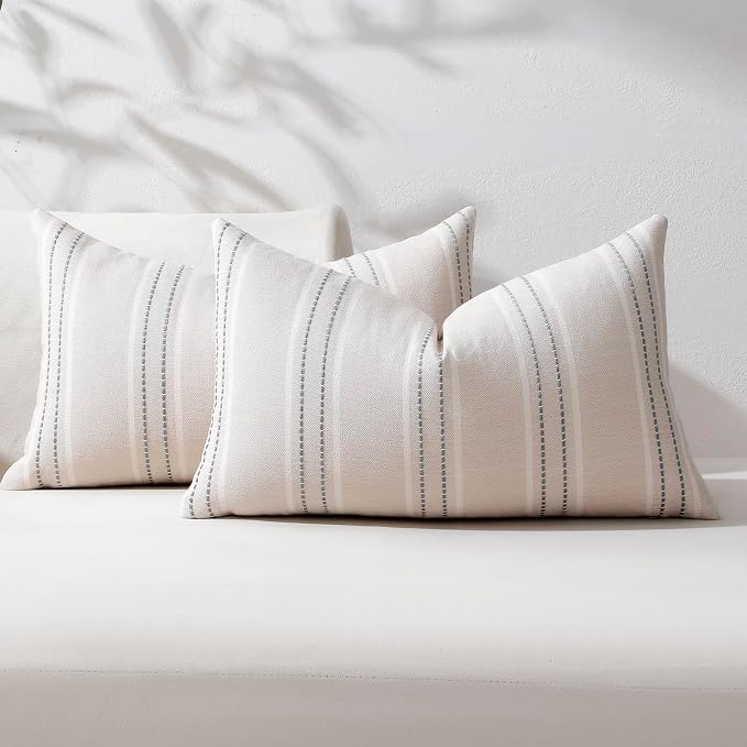 Hckot Grey Decorative Throw Pillow Covers 12x20 Set of 2 Boho Pillow Covers | Striped Farmhouse Pillows Textured Linen Square Cushion Covers for Sofa Couch Bed Living Room Decor(Light Grey)