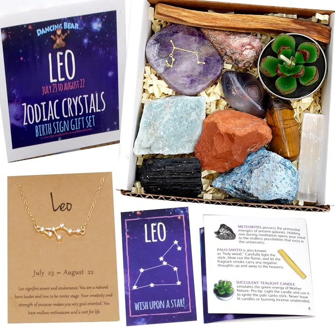 DANCING BEAR Leo Zodiac Healing Crystals Gift Set (14 Pc): 9 Stones, 18K Gold-Plated Constellation Necklace, Meteorite, Succulent Candle, Palo Santo Smudge Stick, and Info Guide, Made in The USA