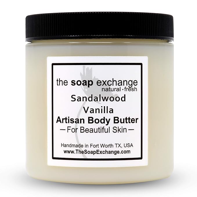 The Soap Exchange Body Butter - Sandalwood Vanilla Scent - Hand Crafted 8 fl oz / 240 ml Natural Artisan Skin Care, Shea Butter, Aloe Vera, Nourish, Moisturize, & Protect. Made in the USA.
