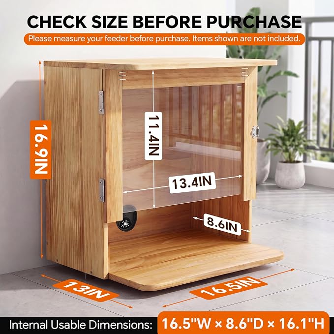 Outdoor Wooden Cat Feeding Station with Wall Anchor | Weather-Resistant, Fits 2 Automatic Feeders or Bowls, 1-Gal Water Dispenser, Cable Port, For Stray, Feral & Community Cats