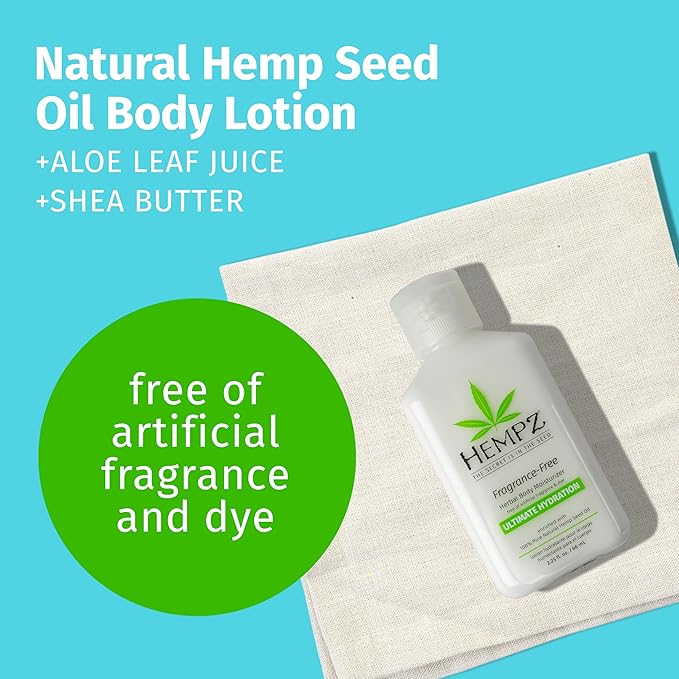 Hempz Body Lotion - Fragrance Free Mini Daily Moisturizing Cream, Shea Butter, Aloe, Body Moisturizer - Skin Care Products, All Natural Hemp Seed Oil - Travel Size 2.25 Fl Oz