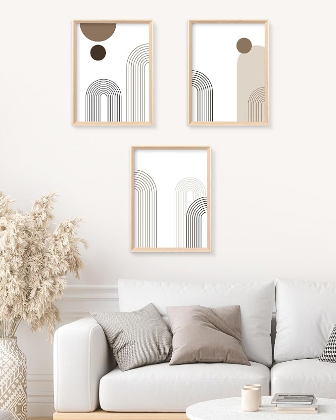 HesenDot Boho Neutral Framed Wall Art, Abstract Line Canvas Prints | 12x16IN Set of 3, High Framed Wood Design Prints, Mid Century Minimalist Wall Decor for Living Room Bedroom Bathroom Office