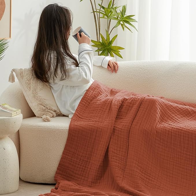Love's cabin 100% Cotton Muslin Blanket, 6 Layer Lightweight Breathable Gauze Queen Size Blanket 90 x 90 Inches, Soft All Season Blanket for Bed, Orange