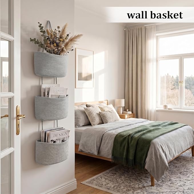 TeoKJ Over the Door Hanging Basket, 3-Tier Woven Cotton Wall-Mounted Storage Organizer Bag Decorative Hanging Nursery Baskets, Gray