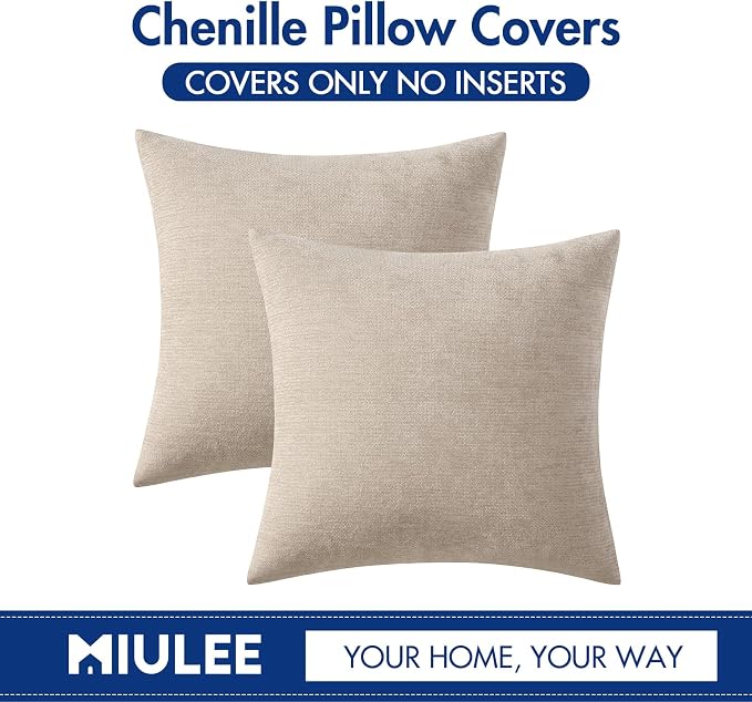 MIULEE Pack of 2 Beige Decorative Pillow Covers 16x16 Inch | Soft Chenille Couch Throw Pillows Farmhouse Cushion Covers for Home Decor Sofa Bedroom Living Room