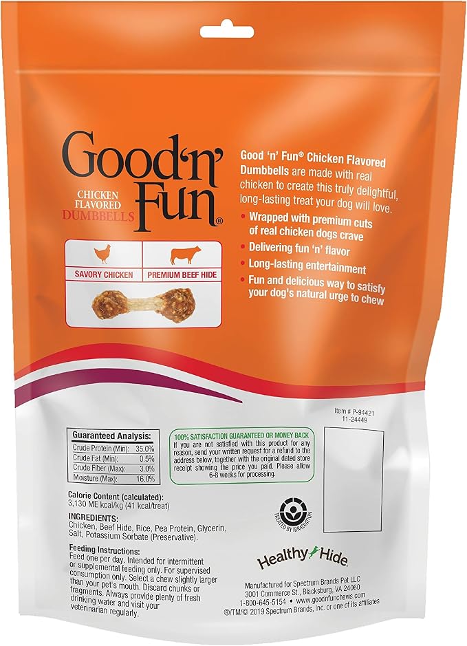 Good 'n' Fun Chicken Flavored Dumbbells 4 Ounces, Rawhide Snacks for Small Dogs (Pack of 2)