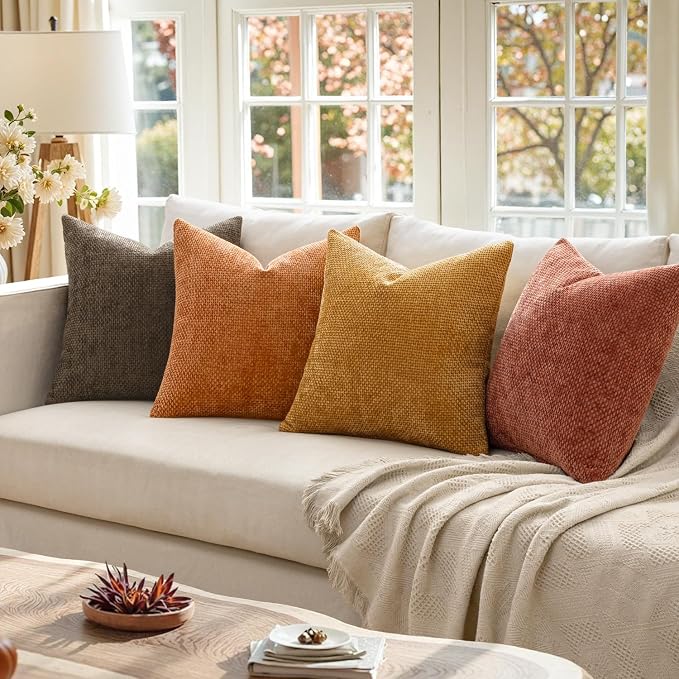 MIULEE Decorative Chenille Fall Pillow Covers Orange Brown 18x18 Pack of 4 | Rustic Decor, Autumn Harvest Orange Collection, Couch Throw Pillows, Farmhouse Boho Cushion Covers for Sofa Bed Living Room