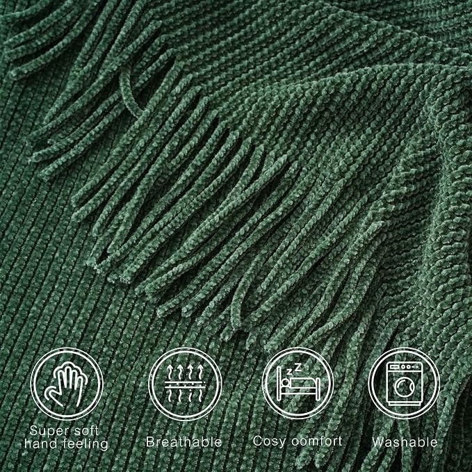 BATTILO HOME Dark Green Throw Blanket for Couch, 60"x80" | Soft Chenille Knit Throw Blanket with Tassels for Christmas Decor, Christmas Green Blanket for Bed Couch Cover