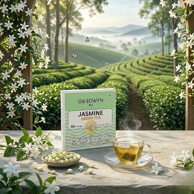 Goodwyn Jasmine Green Tea (30 Tea Bags) | Premium Green Tea with Real Jasmine Blossoms | 100% Natural | Plastic Free Tea Bags | Low Caffeine Non Bitter | Fragrant & Floral | Perfect Hot or Iced | Delicate Scented Tea for Daily Enjoyment