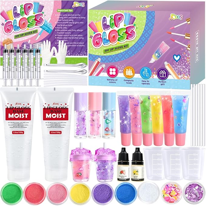 Jcoos 55PCS Lip Gloss Making Kit, Fun Lip Gloss Kit to Make Your Own Lip Gloss for Girls, Women, Teens with Moisturizing Lipgloss Base, Tubes, Pigments Lipgloss Set Christmas Gift for Women
