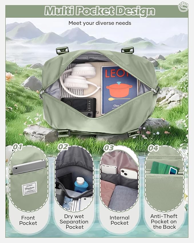 Travel Duffel Bags for Women Mens Waterproof Weekender Carry on Bag Sports Gym Bag Travel Tote Bags with Wet Pocket Overnight Bag Workout Duffel Bags with Trolley Sleeve Grey Green