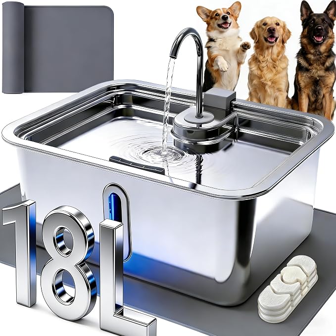 18L/4.76Gal Extra Large Dog Water Fountain with Silicone Mat & 3 Filters | Quiet Pet Water Fountain for Large Breeds, Stainless Steel Dog Water Bowl Dispenser with Visible Window & Alert Light