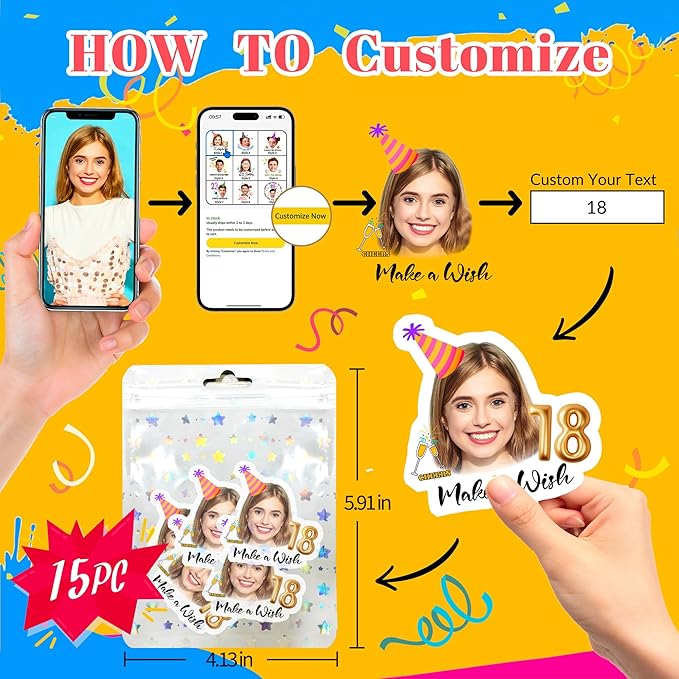Easycosy Custom Temporary Tattoos with Photos, Personalized Funny Face Temporary Tattoos for Adult, Birthday Party Favors Tattoos, set of 15