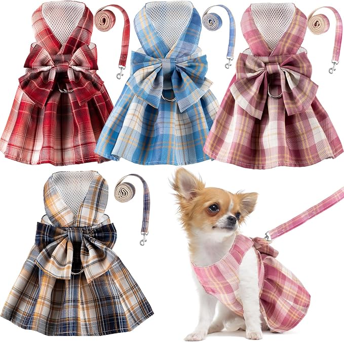 Potchen 4 Pcs Plaid Dog Dresses with Bow Harness and Leashes,Xs,Dark Color