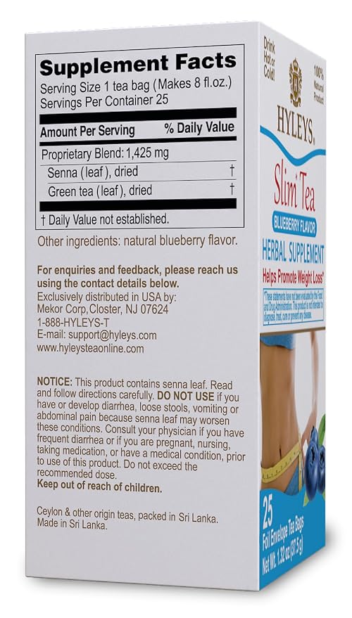 Hyleys Slim Tea Blueberry Flavor - Weight Loss Herbal Supplement Cleanse and Detox - 25 Tea Bags (12 Pack)