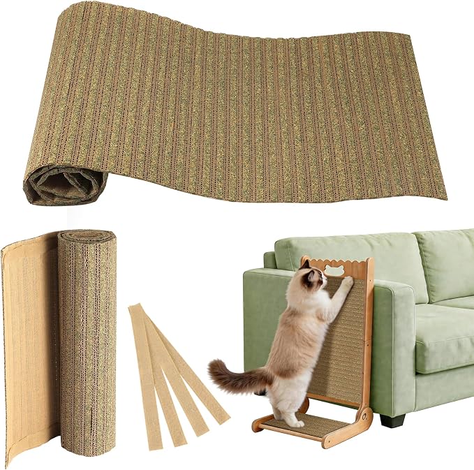 Natural Cork Cat Scratcher Mat with No Pre-Applied Adhesive, Bonus Hook-Loop Tape Included. Replacement for Cat Post, Scratcher, Ramp, Cat Whell and Pet Supplies. (Catnip Green, 39.4 x 11.8 Inch)