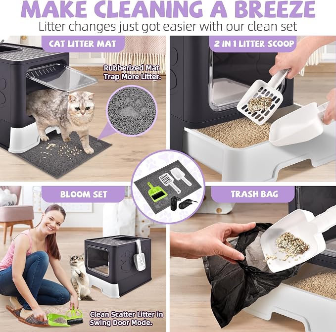 Covered Cat Litter Box, Extra Large Drawer Design with Dual Entry, Purple | 13L litter capacity, adjustable door, leakproof structure, cleaning accessories, complimentary cat litter mat