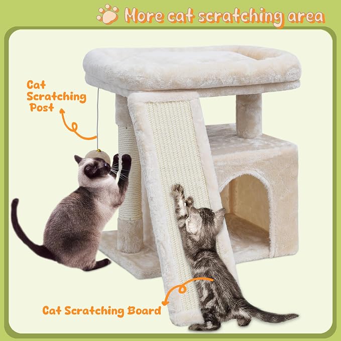 Small Cat Tree for Indoor Cats, Cat Tower with Scratching Post, Perch and Cozy Condo for Kittens and Adult Pets (Beige)