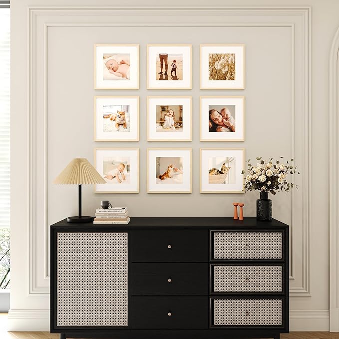 8x8 Picture Frame Set of 9, Display Pictures 4x4 with Mat or 8x8 without Mat, Multi Collage Gallery Square Photo Frames for Wall or Tabletop, Natural Wood