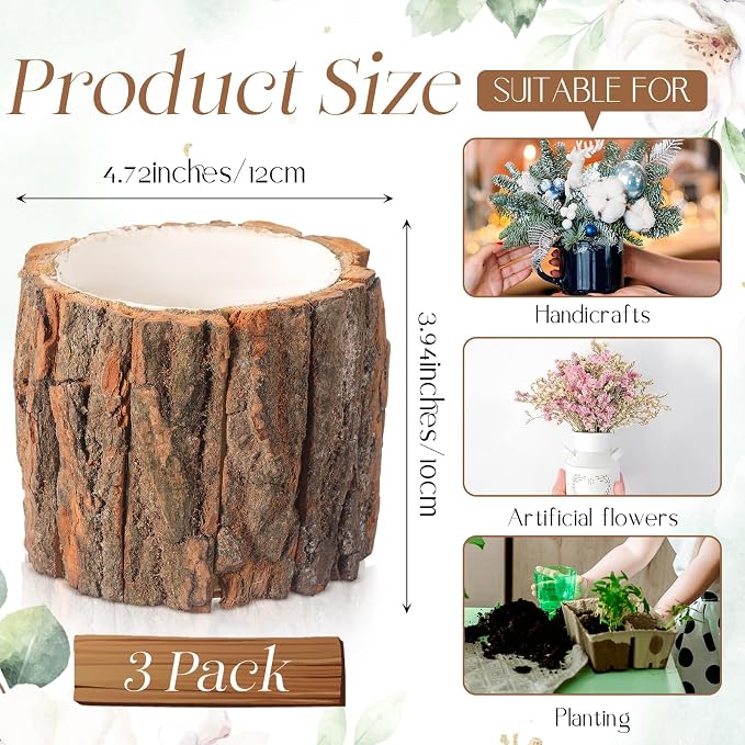 3 Pcs Wooden Vase for Centerpieces Wedding Flower Table Centerpieces Woodland Party Decor Rustic Farmhouse Bark Stump Buckets Vintage Planter Pots for Garden Baby Shower Window Home (Large)