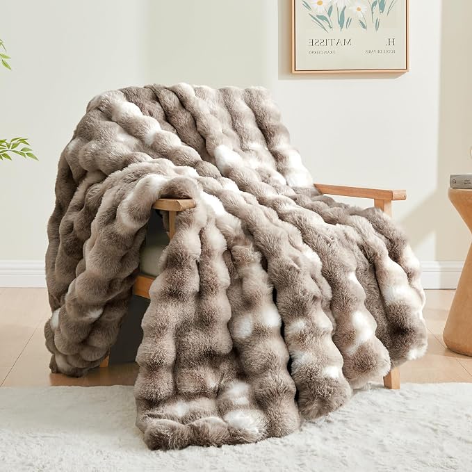 BEDELITE Faux Fur Throw Bubble Blanket for Couch, 50" x 60", Tie-Dye Taupe | 870GSM Soft Cozy Plush Blanket for Sofa & Bed Living Room Decor, Warm Fuzzy Faux Rabbit Fur for Women Gift, All Season Use