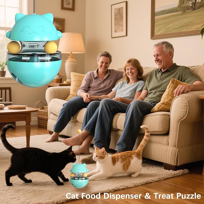 2O25 Cat Toy Funny Tumbler Interactive Ball，Treat Dispenser Automatic No-Electronic Move，Kitten Enrichment Toys for Mental Stimulation & Slower Eating (Blue)