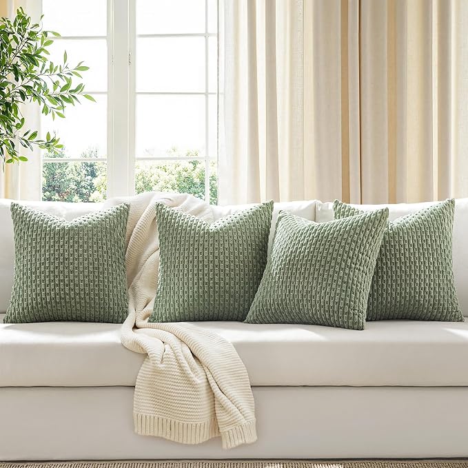 MIULEE Sage Green Decorative Throw Pillow Covers for Couch Living Room 18x18 Inch Soft Pillow Cases Set of 4 Boho Striped Corduroy Farmhouse Cushion Covers Spring Home Decor for Sofa Bed
