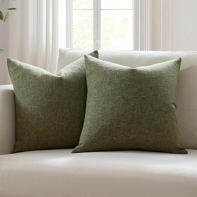 Meekio Set of 2 Dark Moss Green Throw Pillow Covers 16x16, Modern Farmhouse Linen Blend Decorative Pillow Covers for Couch Sofa Bed, Earth Tone Home Decor
