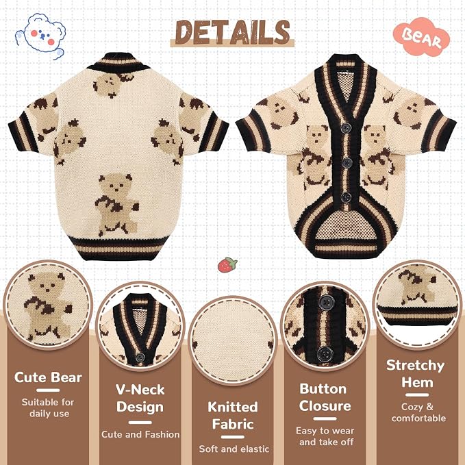 ABRRLO Small Dog Sweaters Cute Bear Dog Cardigans Clothes for Small Medium Dogs Boy Girl Puppy Cat Knitting Cardigan Outfits Dogs Winter Coats Warm Pet Doggy Clothes Soft Knitwear Apparel (Beige,XS)