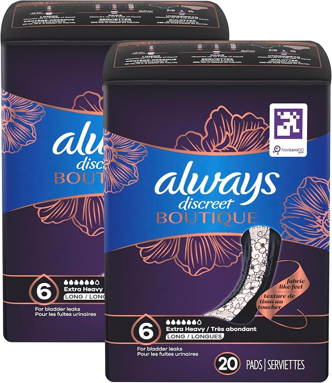 Always Discreet Boutique Incontinence Pads, for Bladder Leaks, Extra Heavy Absorbency, Long Length, 40 Count (Pack of 2)