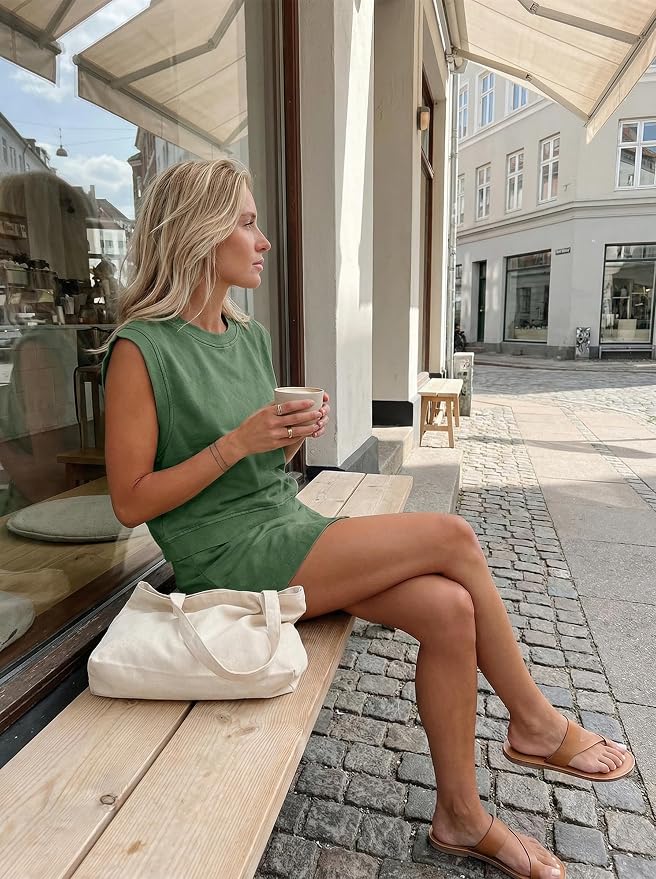 Women 2pc Mineral Wash Athletic Lounge Tank Skirt Set | Soft mineral wash cotton,Breathable.Relaxed lined split skirt.Ideal for travel,lounge,gym,workout casual daily wear