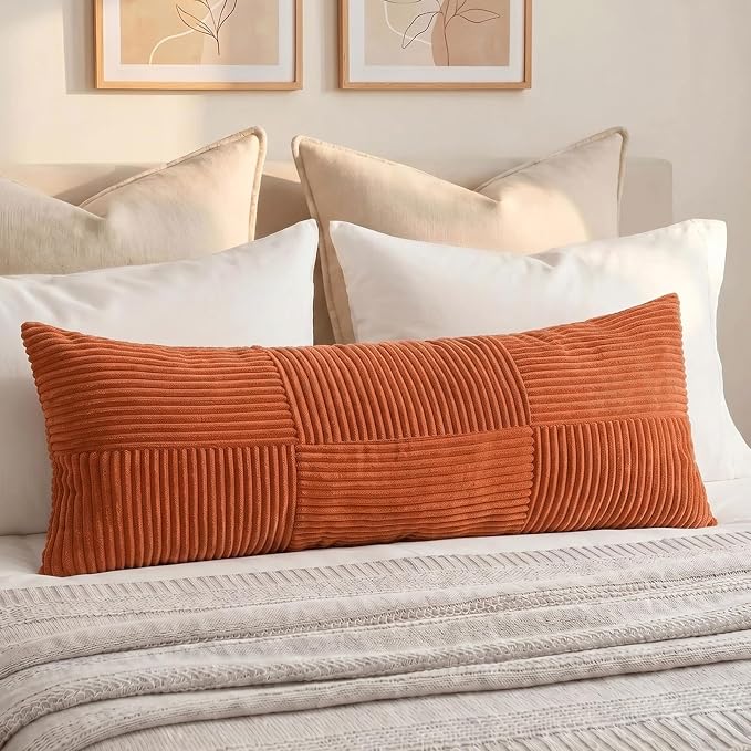Fancy Homi Set of 1 Burnt Orange Boho Long Lumbar Body Decorative Throw Pillow Cover 21x54 Inch for Bed Couch Bedroom Bench, Soft Patchwork Corduroy Textured Pillow Case, Rustic Farmhouse Room Decor