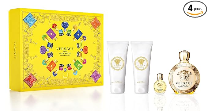 Versace Eros Pour Femme 4 Piece Gift Set for Women (Eau De Parfum Spray + Body Lotion + Shower Gel) 3.4 Ounce Each + 0.17 Ounce Mini Spray