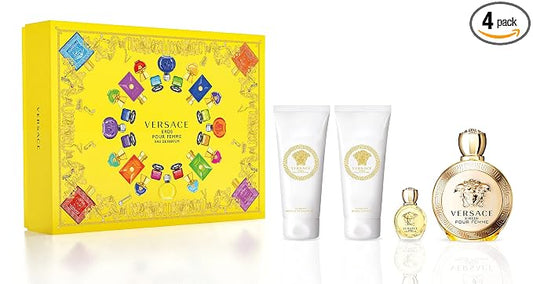 Versace Eros Pour Femme 4 Piece Gift Set for Women (Eau De Parfum Spray + Body Lotion + Shower Gel) 3.4 Ounce Each + 0.17 Ounce Mini Spray