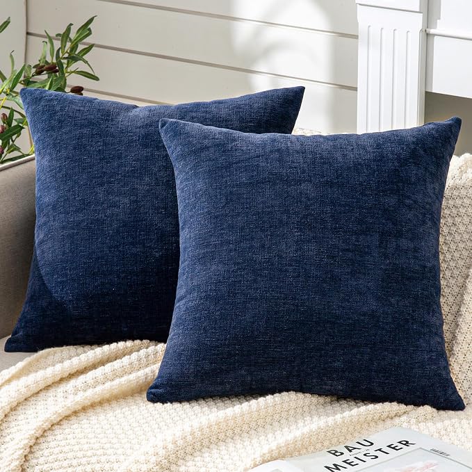 GAWAMAY Decorative Chenille Throw Pillow Covers 26x26 Inch Pack of 2, Soft Square Couch Pillow Cover for Sofa Cushion Living Room Bedroom Solid Oversized Pillowcases Navy Blue 66x66cm (ONLY Covers)