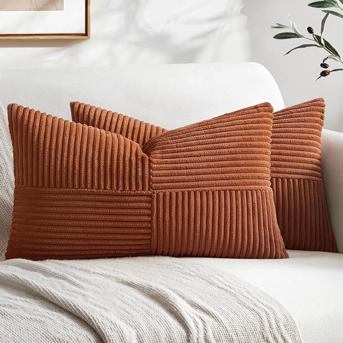 MIULEE Fall Rust Decorative Lumbar Throw Pillow Covers 12x20 Inch 2 Pack | Boho Farmhouse Pillow Covers, Soft Cross Corduroy Patchwork Textured Cushion Cases For Bed Sofa