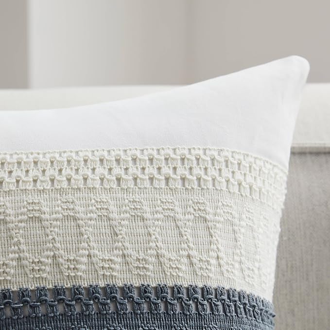 2pk Boho Pillow Covers 12x20, Natural White/Contrast/Navy | 100% Organic Cotton Body, Stripe Embroidery, Farmhouse Decorative Cushion Covers for Sofa Bed Living Room Home Decor