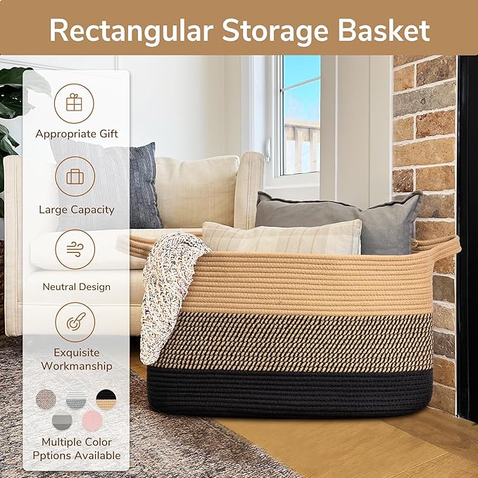 Goodpick Large Woven Blanket Basket, Rectangle, Black Jute, 75L | 21.6'' x 14.9'' x 11.8'' Wicker Storage Basket for Blankets & Toys, Living Room & Bedroom Organization, Reinforced Handles