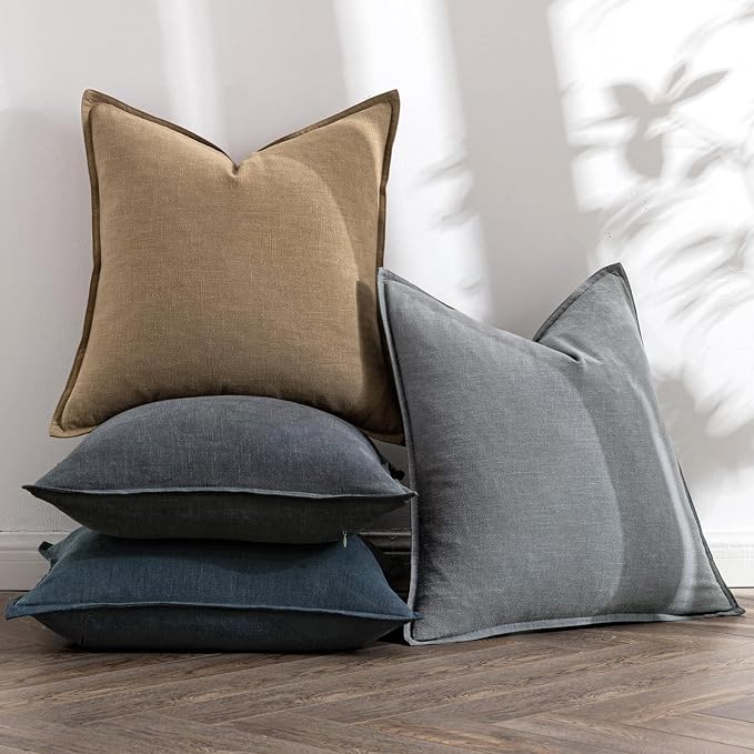 MIULEE Neutral Navy Boho Linen Pillow Covers 24x24 Inch Pack of 4 | Natural Decorative Throw Pillow Covers, Soft Farmhouse Couch Pillowcases, Coastal Home Decor for Living Room Bed Sofa