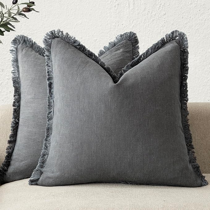 Foindtower Set of 2 Decorative Linen Fringe Throw Pillow Covers Cozy Boho Farmhouse Cushion Cover with Tassels Soft Accent Pillowcase for Couch Sofa Bed Living Room Home Decor, 22×22 Inch, Gray