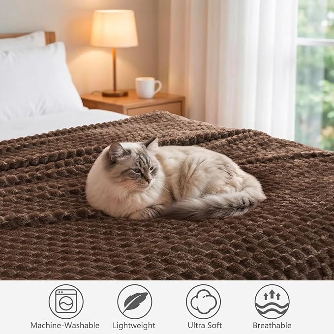 Vessia Flannel Fleece Throw Blanket(50x70 inch), 3D Jacquard Brown Fuzzy and Warm Blanket for Couch,Sofa,Bed,Chair, 300GSM Super Soft Touch Cozy Lightweight Throw for All-Season Home Decor