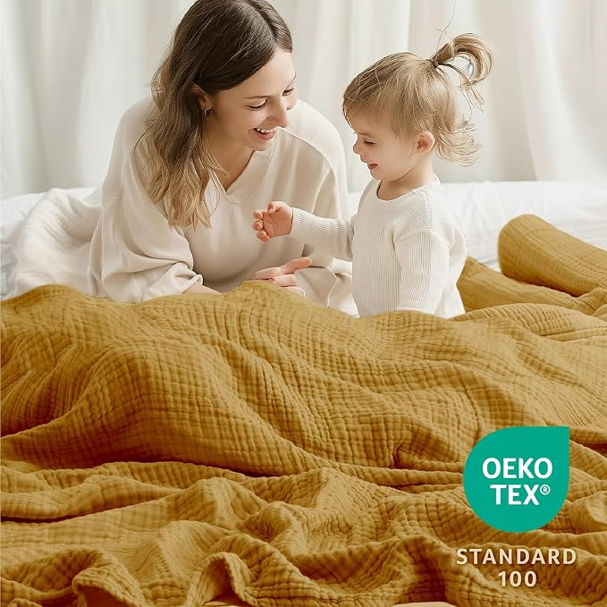 100% Cotton Muslin Blanket 50"x 60", 6 Layers Breathable and Lightweight Cotton Throw Blankets for Couch, Soft Cooling Summer Gauze Blanket for Adults All Season, Mustard