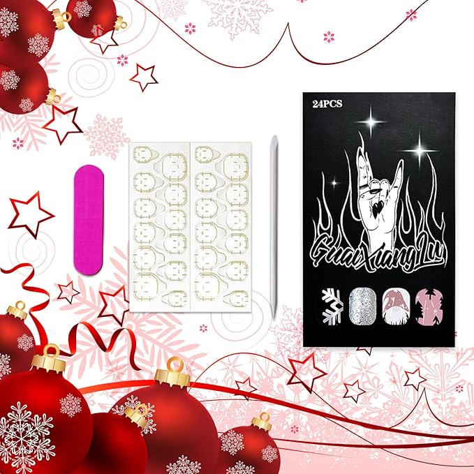 Christmas Gnome Press on Nails Funny Snowflake Christmas Tree False Nails Glossy Full Cover Xmas Glue on Nails Short Square Winter Acrylic Fake Nails for Women Girls