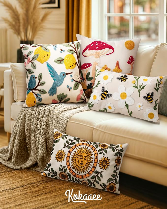 Embroidered Throw Pillow Cover 20x20 Inch, Bird Lemon | Decorative Pillow Cover, Farmhouse Cushion Case with Hidden Zipper, Cottagecore Decor for Couch, Sofa, Living Room, Bedroom