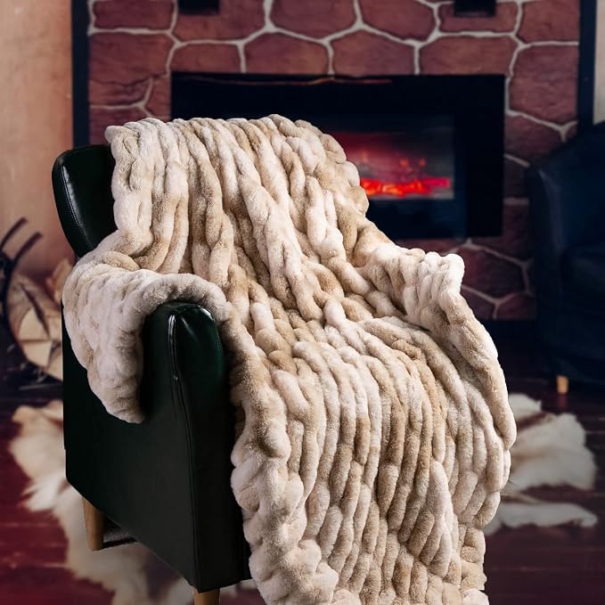 BATTILO Luxury Faux Fur Throw Blanket for Couch, 50"x60", Tie-dye-Beige