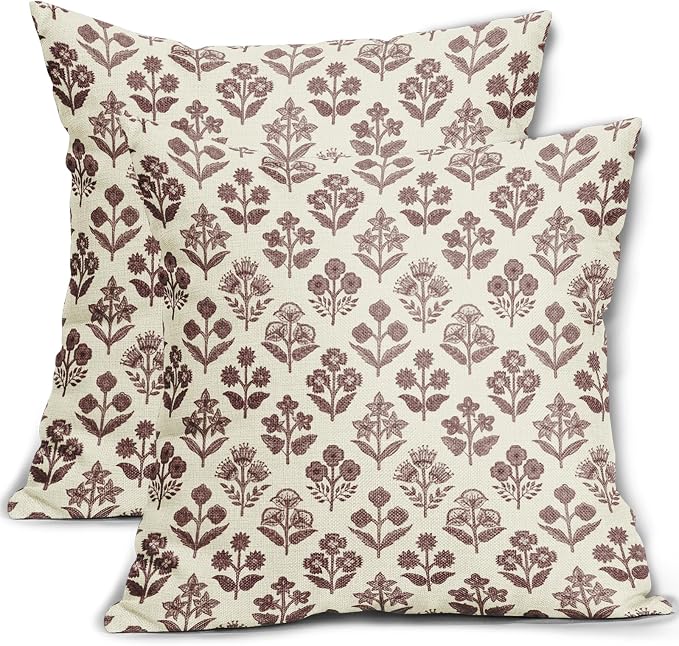 Burgundy Red Floral Pillow Covers 16x16 Inch Set of 2, Vintage Flower Block Print Pattern Decorative Throw Pillowcases Outdoor Farmhouse Cushion Covers Spring Summer Rustic Sofa Couch Bed Decor